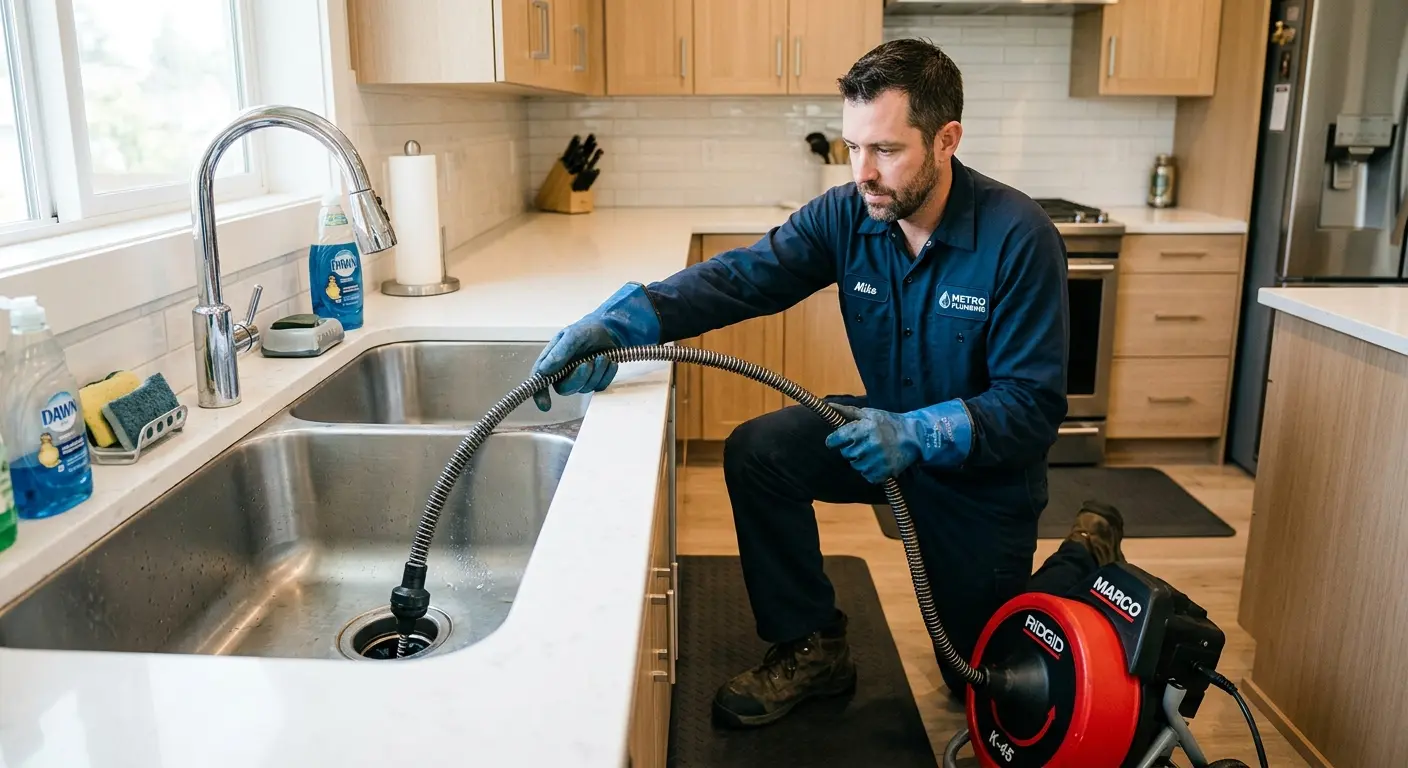 Drain cleaning technician using a motorized snake on a kitchen sink in Rockford