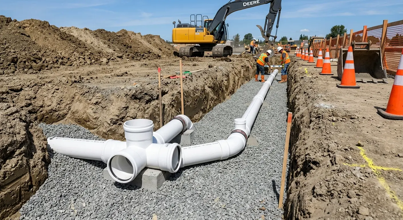 New PVC sewer pipe installation in open trench for Sewer Backup in Rockford