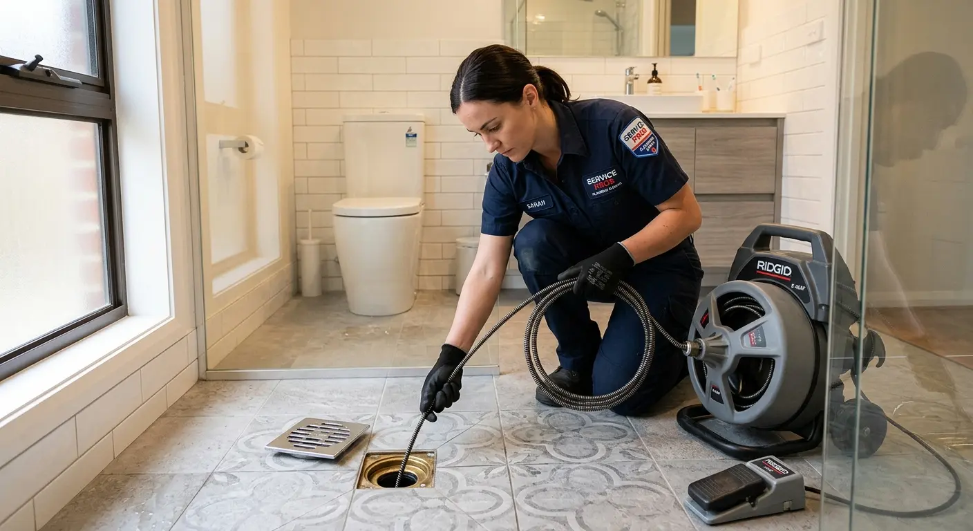 Technician clearing a bathroom floor drain for Sewer Line Replacement in Rockford